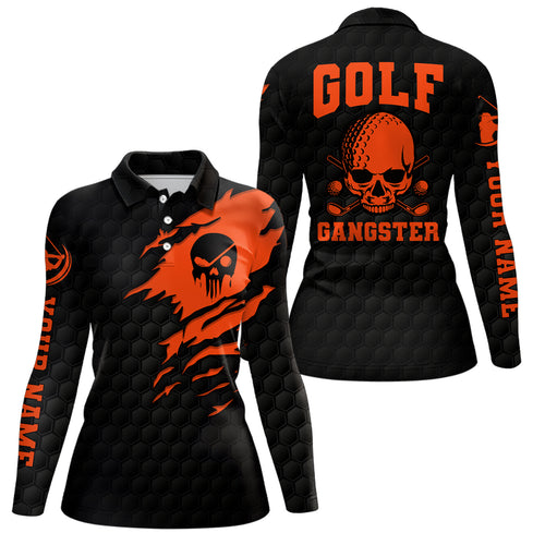 Golf Gangster Skull Polo Shirt Custom Black Orange Golf Pattern Scary Golf Shirts For Women LDT0374