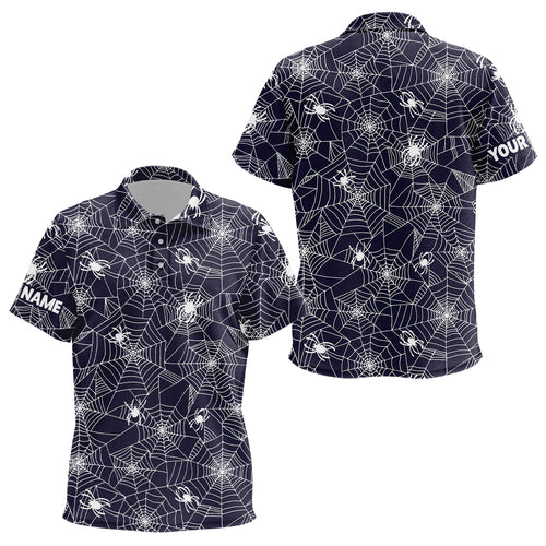 Spooky White Spiders On Cobweb Navy Halloween Golf Polo Shirts Custom Golf Gifts For Kid LDT0376