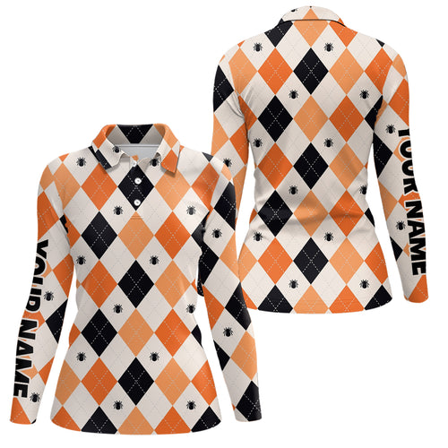 Halloween Argyle Plaid With Spider Golf Polo Shirts Orange Black Golf Shirts For Women LDT0378