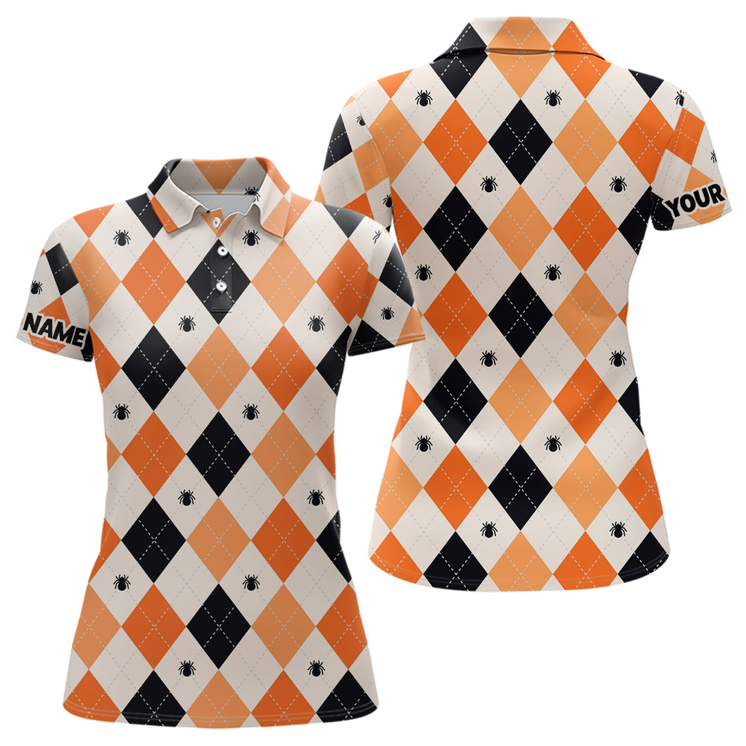 Halloween Argyle Plaid With Spider Golf Polo Shirts Orange Black Golf Shirts For Women LDT0378