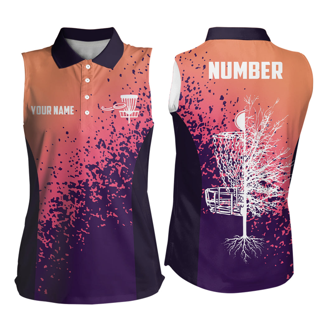 Personalized Disc Golf Gradient Sunset Paint Sleeveless Polo Shirt Custom Disc Golf Shirts For Women LDT0702