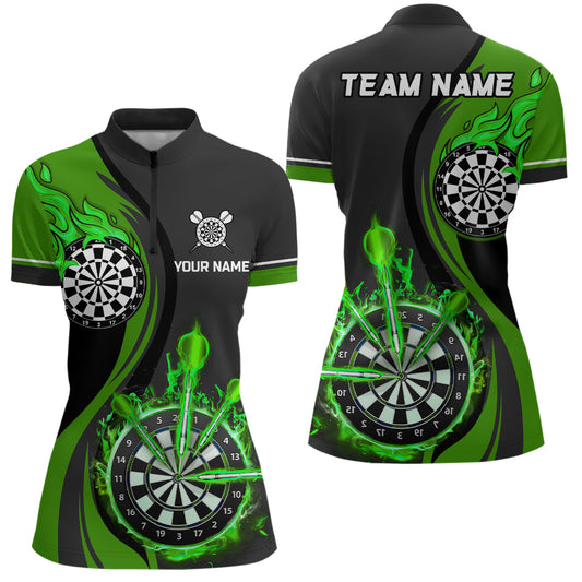 Green Fire Flame Womens Darts Quarter Zip Shirt Custom Dart Shirts For Women Dart Jerseys LDT1476