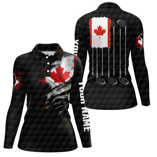 3D Canada Flag Black Golf Polo Shirts Red Maple Leaf Golf Tops For Women Patriotic Golf Gifts LDT1483