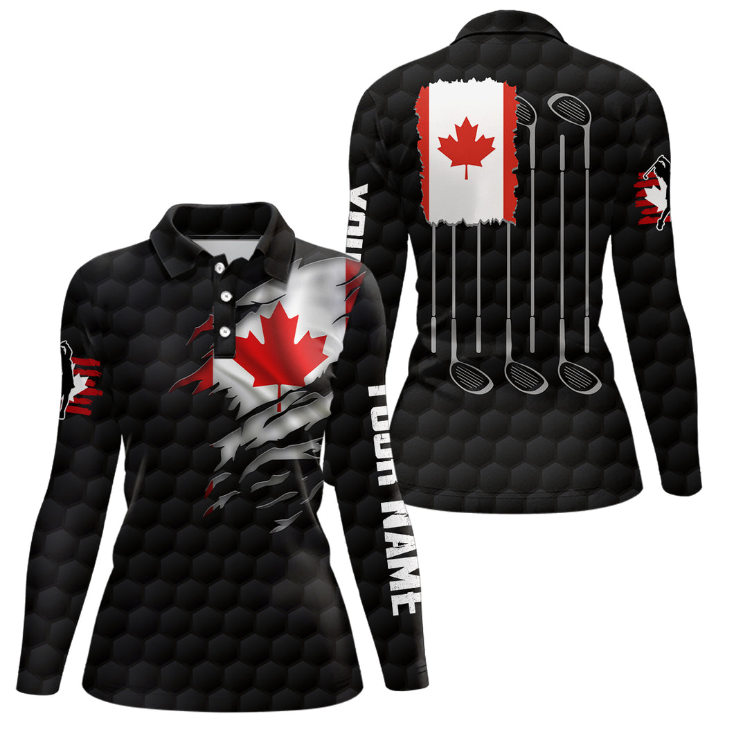 3D Canada Flag Black Golf Polo Shirts Red Maple Leaf Golf Tops For Women Patriotic Golf Gifts LDT1483