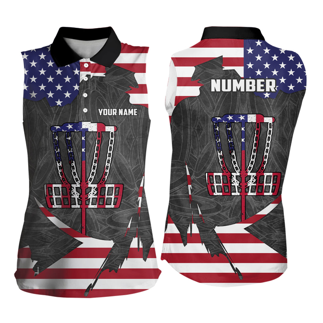 American Flag Womens Sleeveless Disc Golf Polo shirt Patriotic Women Disc Golf Shirts Disc Golf Basket LDT0948