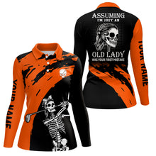 Load image into Gallery viewer, Orange And Black Womens Skull Golf Polo Shirt Custom Golf Polos For Women Halloween Golf Gift LDT0153