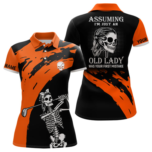 Orange And Black Womens Skull Golf Polo Shirt Custom Golf Polos For Women Halloween Golf Gift LDT0153