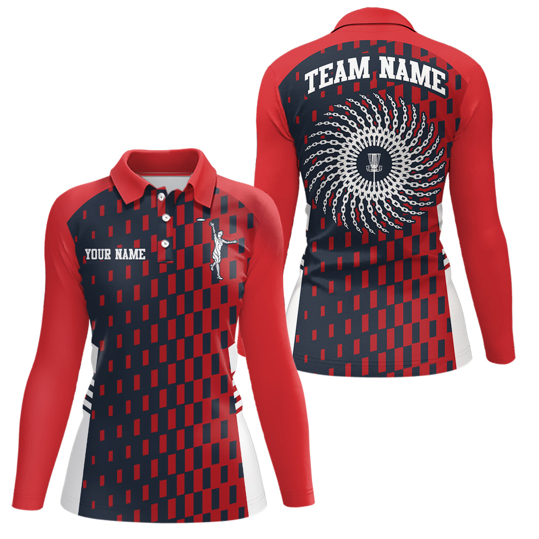 Womens Disc Golf Polo Shirt Red Navy Checkered Custom Disc Golf Shirts For Women Golf Gifts LDT0725