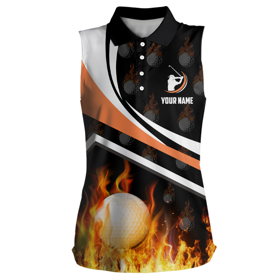 Personalized Womens Sleeveless Golf Ball Fire Flame Orange Style Golf Shirts For Women, Golf Gifts LDT0172