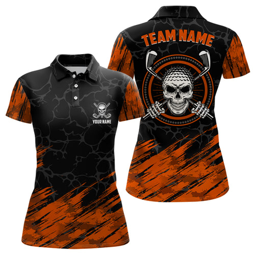 Personalized 3D All Over Print Skull Womens Golf Polos, Orange & Black Golf Shirts For Women LDT0178