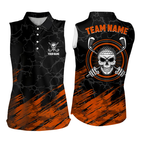 Personalized 3D All Over Print Skull Womens Sleeveless Golf Polo Orange & Black Golf Shirts For Women LDT0178