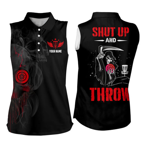 Custom Shut Up And Throw Smoky Skull Red Disc Golf Sleeveless Polo Shirts Scary Golf Gifts For Women LDT0452