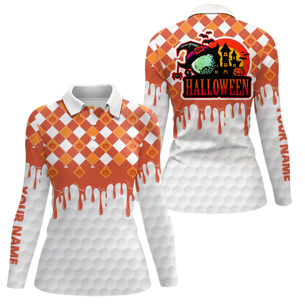 Happy Halloween Orange White Pumpkin Golf Polos Custom Skull Golf Shirts For Women Golf Gifts LDT0443