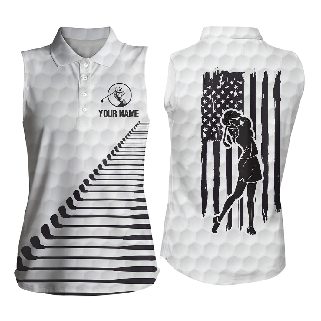Black White American Flag Womens Sleeveless Polo Shirt Custom Patriotic Golf Tops For Women Golf Club LDT0771