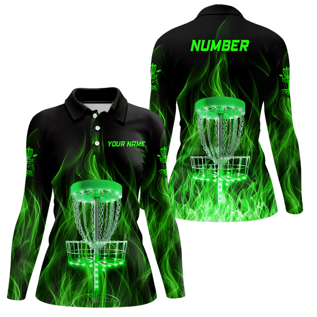 Green Fire Flame Disc Golf Basket Polo Shirts Custom Disc Golf Shirts For Women Golf Gifts LDT1403