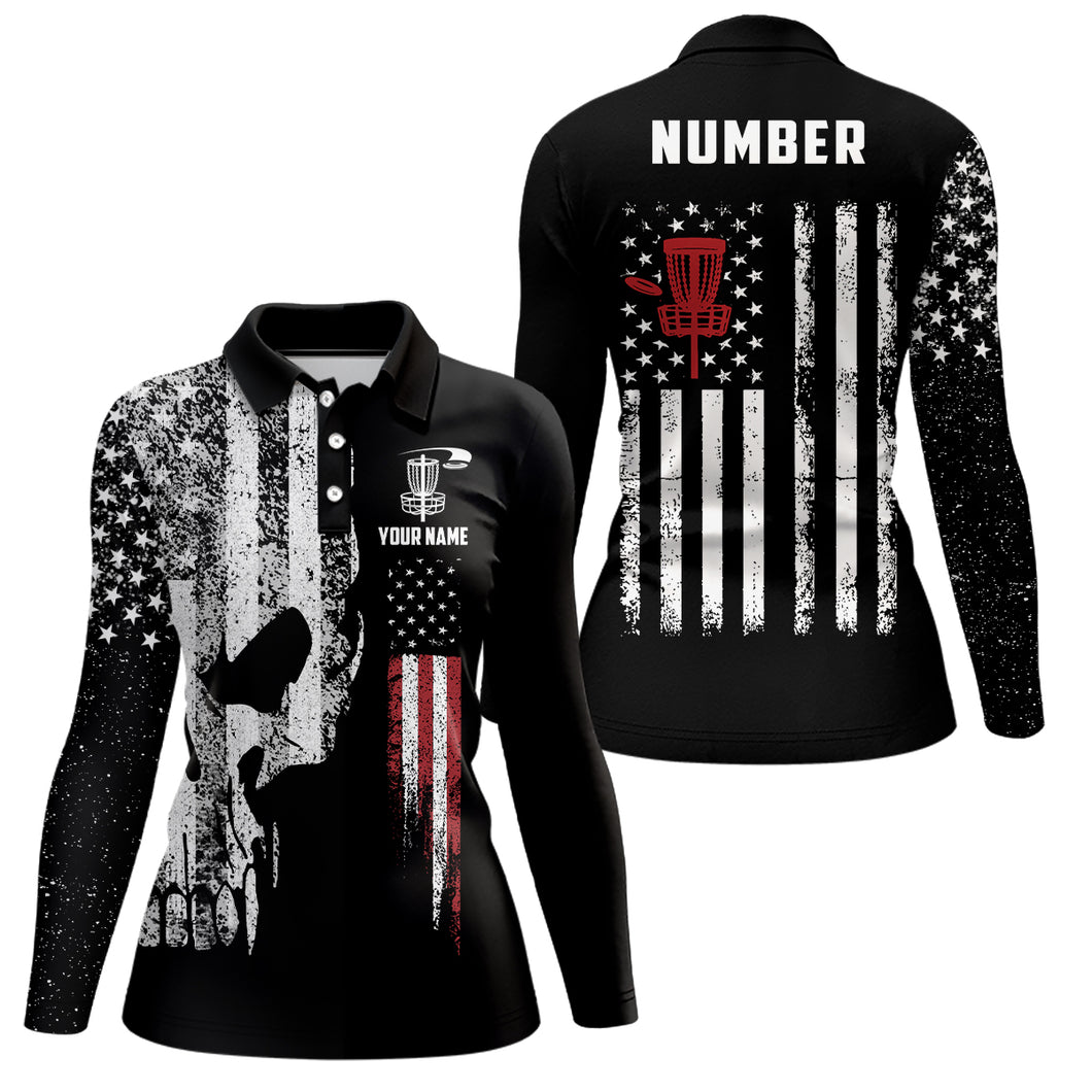 American Flag Skull Disc Golf Polos Custom Patriotic Disc Golf Shirts For Women Golf Gifts LDT1406