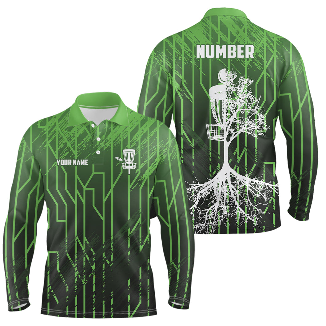 Green Retro Mens Disc Golf Polo Shirt Geometric Custom Number Disc Golf Tops For Men Disc Golf Basket LDT1012