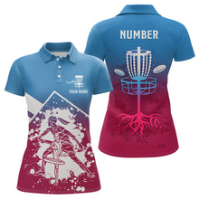 Load image into Gallery viewer, Pink Blue Silhouette Womens Disc Golf Polos Custom Disc Golf Basket Shirt Disc Golf Jersey LDT1013