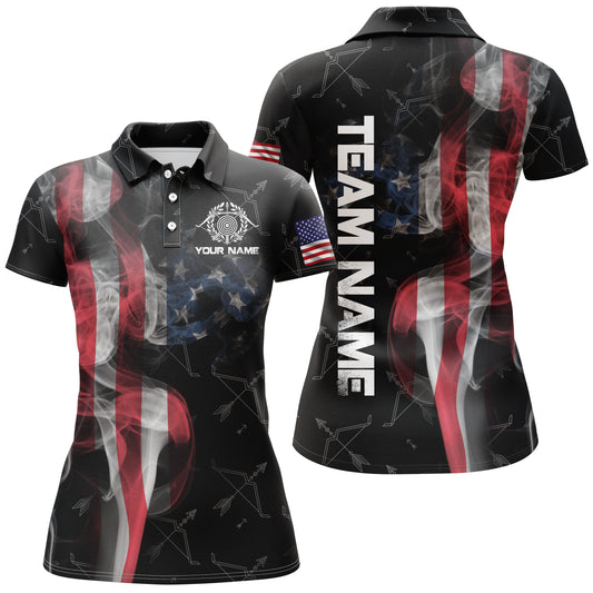 Personalized Vintage Smoke US Flag Archery Polo Shirts For Women, Archery Bows Pattern Jerseys VHM0795