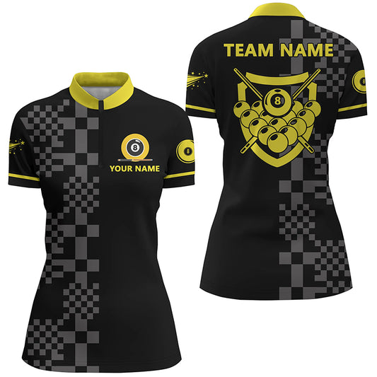 Personalized Abstract Square Pattern 8 Ball Pool Yellow Black Quarter-Zip 3D Polo Shirts For Women VHM0501