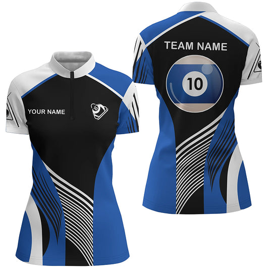 Personalized Blue 10 Ball Billiard 3D Quarter-Zip Shirts For Women, 10 Ball Billiards Team Jerseys VHM0970