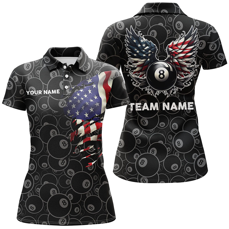Personalized US Flag 8 Ball Billiard 3D Polo Shirts For Women, Funny Billiard 8 Ball Wings Jerseys VHM1000
