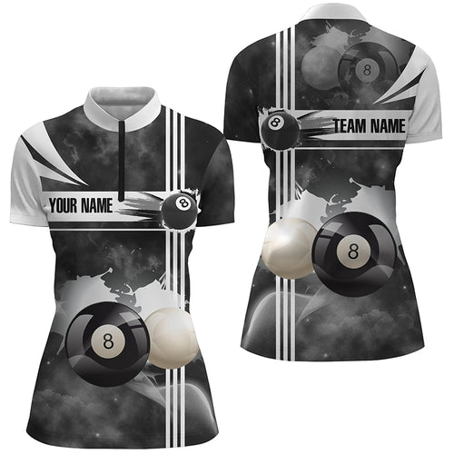 Personalized 8 Ball Pool Black White Billiard Quarter-Zip Shirts For Women, Custom Pool Balls Jerseys VHM0559