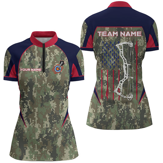 Personalized US Flag Camouflage Archery Quarter-Zip Shirts For Women Custom Archery Team Jerseys VHM1140