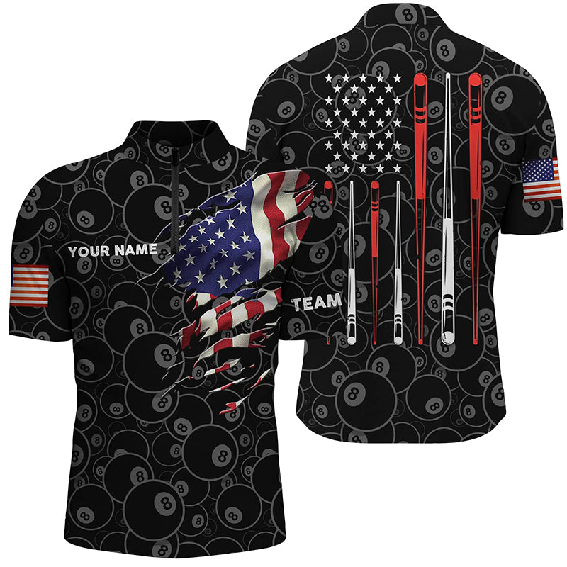 Personalized US Flag 8 Ball Billiard Quarter-Zip Shirts For Men, US Flag Sticks Billiard Shirts VHM0771