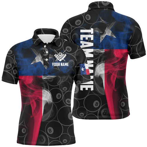 Personalized Vintage Smoke Texas Flag Billiard Polo Shirts For Men, Custom 8 Ball Pool Team Jerseys VHM0614