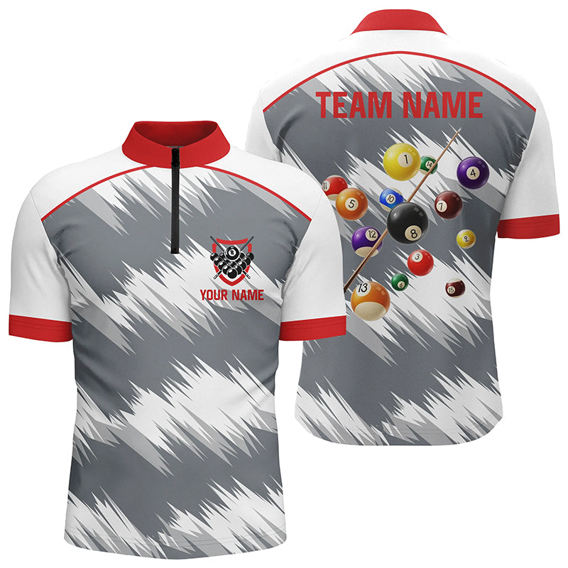 Personalized Red Grey Billiard Balls 3D Quarter-Zip Shirts For Men, 8 Ball Billiard Team Jerseys VHM1016