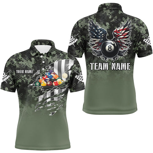 Personalized Camouflage US Flag Billiard Balls Shirts For Men, Funny Billiard 8 Ball Wings Jerseys VHM1196