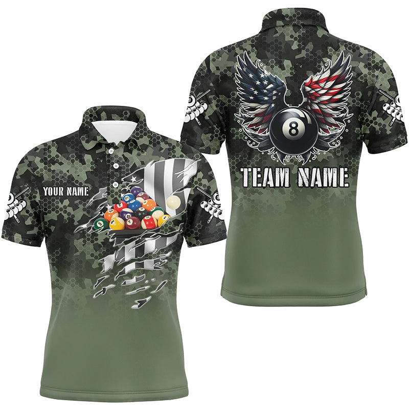 Personalized Camouflage US Flag Billiard Balls Shirts For Men, Funny Billiard 8 Ball Wings Jerseys VHM1196