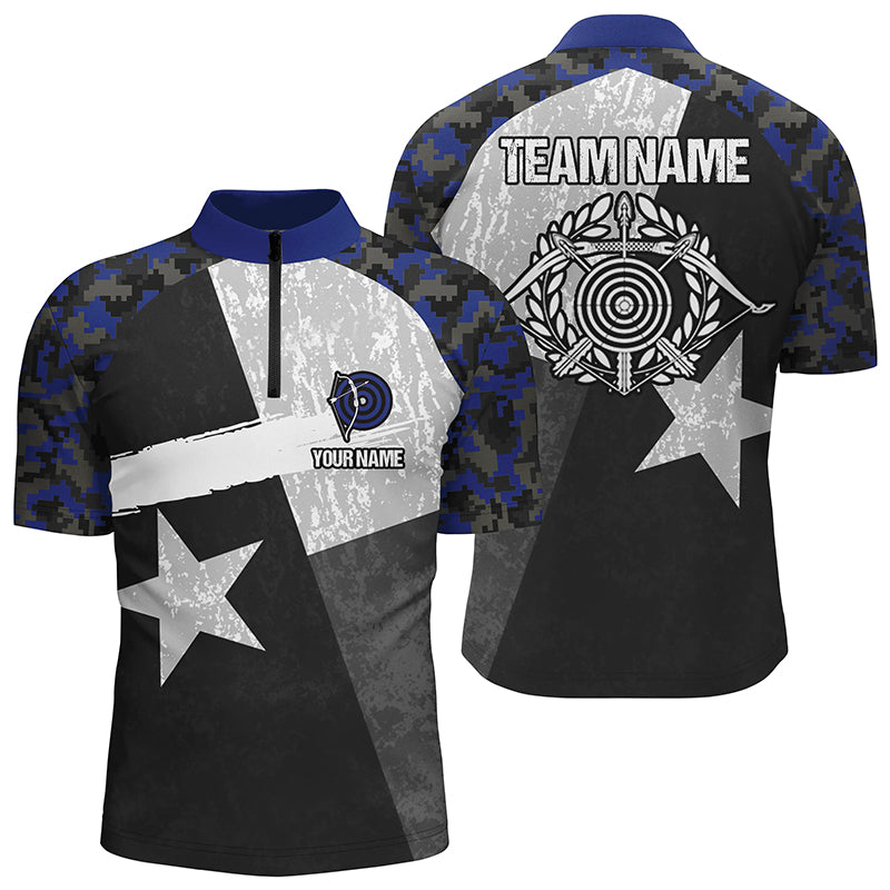 Personalized Blue Retro Texas Flag Archery Quarter-Zip Shirts For Men, 3D Targets Archery Jerseys VHM0692
