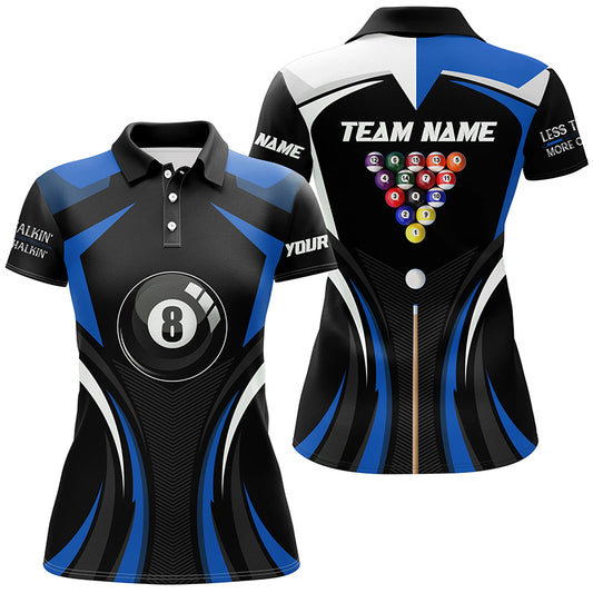 Personalized Less Talkin More Chalkin Billiard Balls Blue Polo Shirts For Women, 8 Ball Pool Jerseys VHM0520