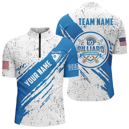 Personalized US Flag 10 Ball Billiard Quarter-Zip Shirts For Men, Custom Blue 10 Ball Pool Jerseys VHM0957