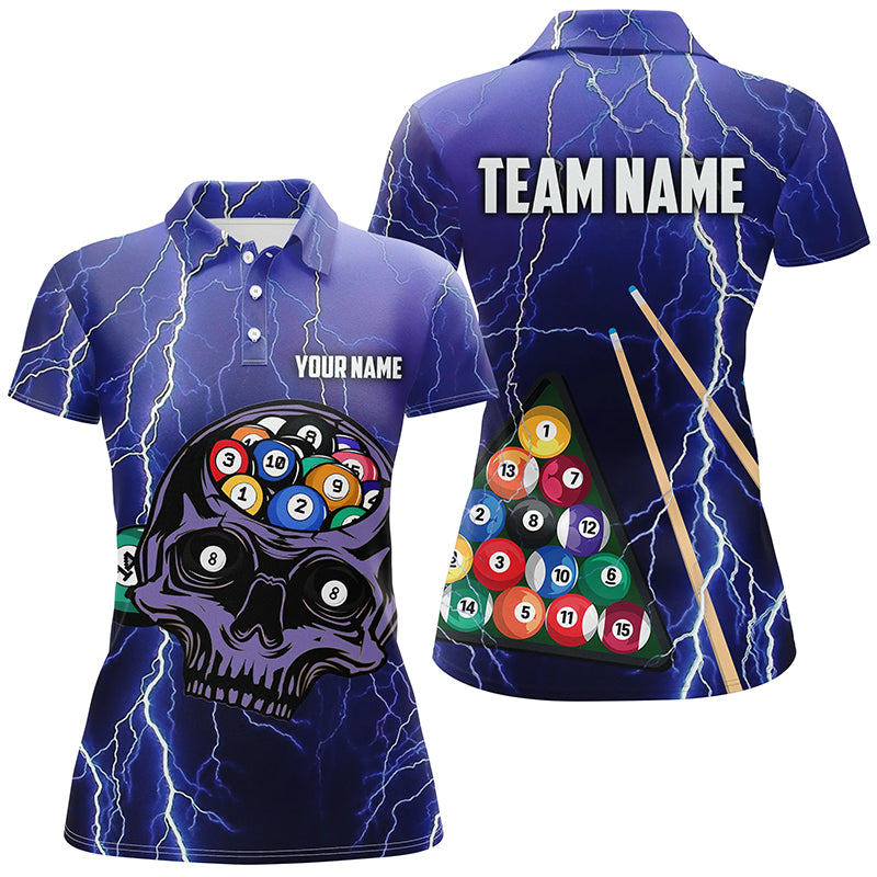 Personalized Skull Billiard Thunder Lighting Polo Shirts For Women, Custom 3D Funny Billiard Shirts VHM0293