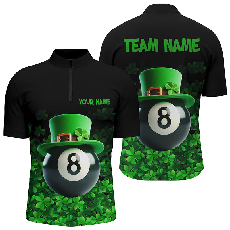 Personalized St Patrick's Day 8 Ball Pool Quarter-Zip Shirts For Men, Shamrock Billiard Team Shirts VHM0996