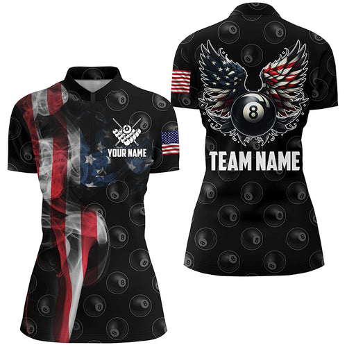 Personalized Smoke US Flag 8 Ball Billiard Quarter-Zip Shirts For Women, Funny Billiard Wings Jerseys VHM0998