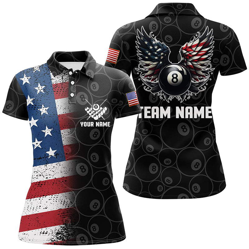 Personalized US Flag 8 Ball Billiard 3D Polo Shirts For Women, Funny Billiard 8 Ball Wings Jerseys VHM0999