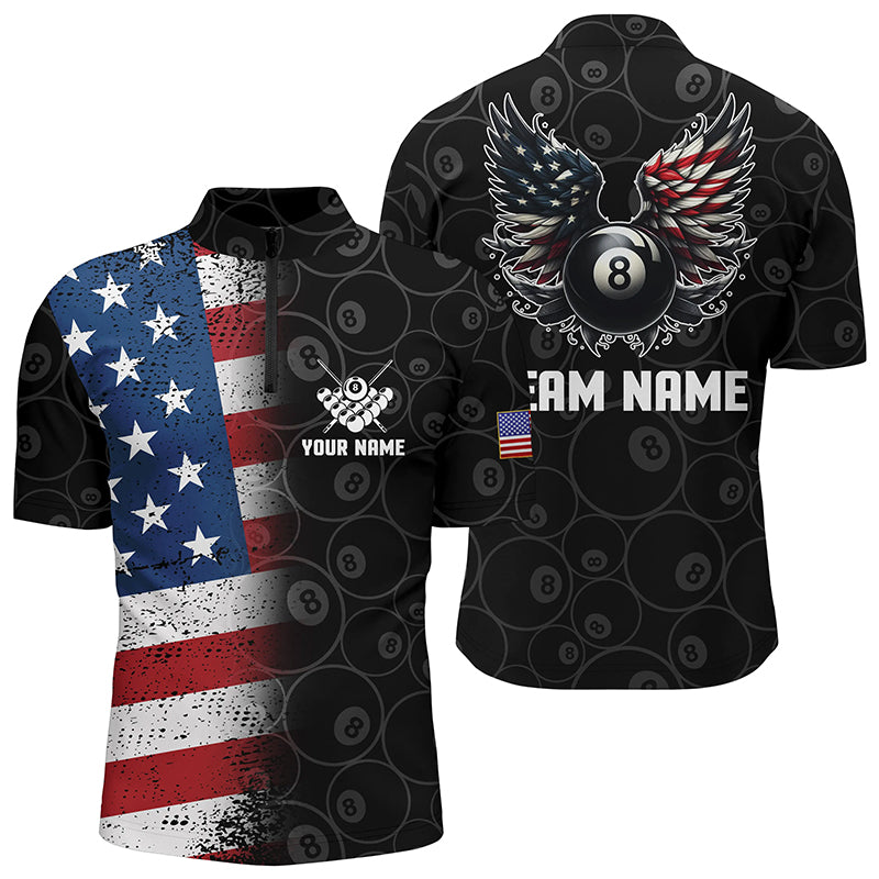 Personalized US Flag 8 Ball Billiard 3D Quarter-Zip Shirts For Men, Funny 8 Ball Pool Wings Jerseys VHM0999
