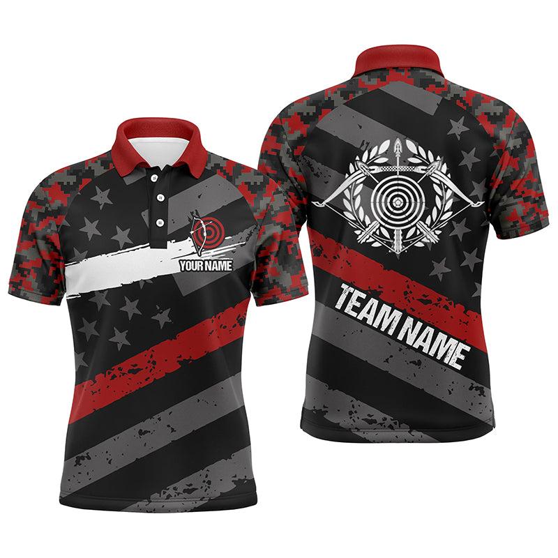 Personalized Red Retro US Flag Archery Polo Shirts For Men, Custom 3D Targets Archery Jerseys VHM0561