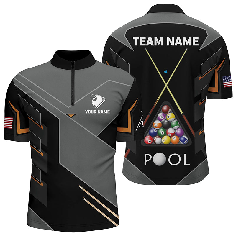 Personalized US Flag 8 Ball Billiard Quarter-Zip Shirts For Men, Grey Black Pool Balls Jerseys VHM0732