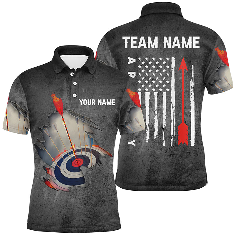 Personalized US Flag Arrow Archery Polo Shirts For Men, Custom Flaming 3D Target Archery Shirts VHM0736