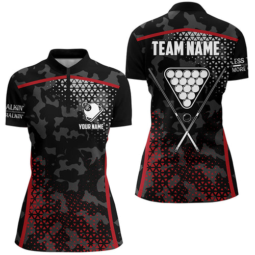 Personalized Red Black 8 Ball Pool Quarter-Zip Shirts For Women, Custom Billiard Balls Team Jerseys VHM0768