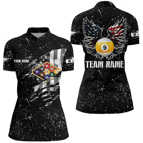 Personalized US Flag Billiard Balls 3D Quarter-Zip Shirts For Women, Custom 9 Ball Pool Wings Jerseys VHM1009