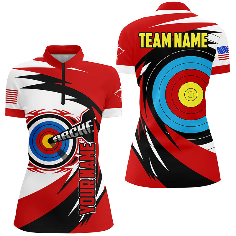 Personalized Name 3D Target Archery Quarter-Zip Shirts For Women, American Flag Archery Team Shirts VHM0625