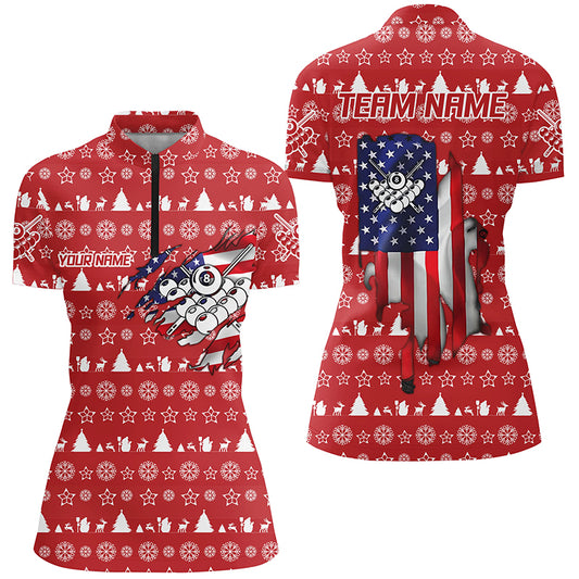 Personalized Christmas US Flag 8 Ball Pool Quarter-Zip Shirts For Women, Christmas Billiard Shirts VHM0627