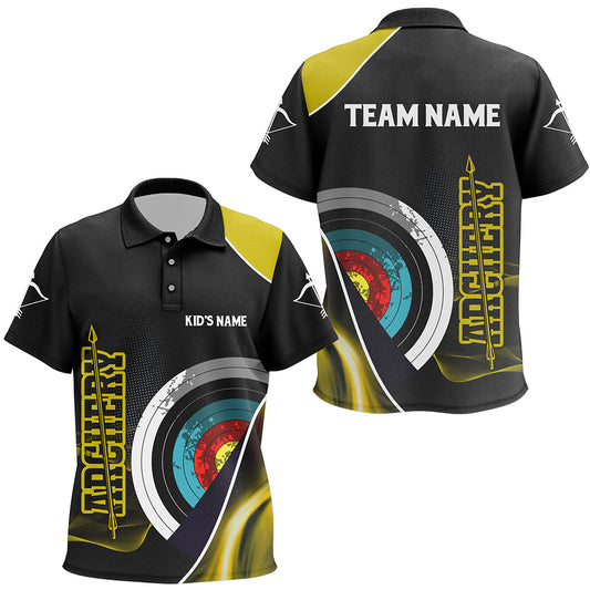 Personalized 3D Targets Archery Polo Shirts For Kids, Custom Yellow Black Arrow Archery Team Shirts VHM0800