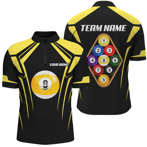 Personalized Black Yellow 9 Ball Pool 3D Quarter-Zip Shirts For Men, Billiards 9 Ball Team Jerseys VHM1035